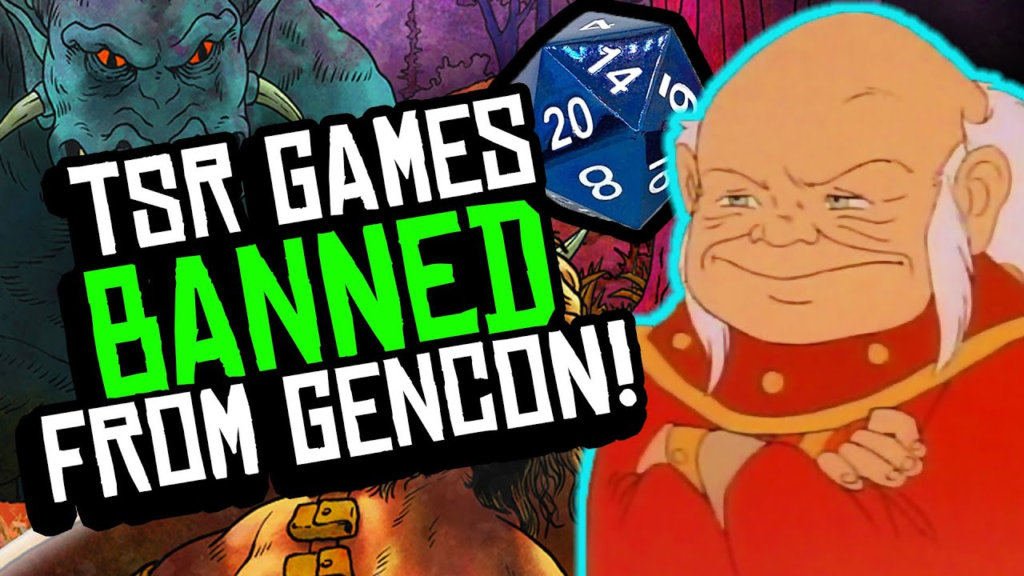 A sample YouTube thumbnail that consists of the GiantLands background, the Dungeon Master from the Dungeons & Dragons cartoon looking unimpressed, some dice and the text "TSR Games BANNED from GenCon!"
