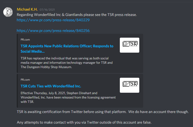A screenshot of the Discord where Michael K.H. has posted links to the two press releases, announces "TSR is awaiting certification from Twitter before using that pratform."