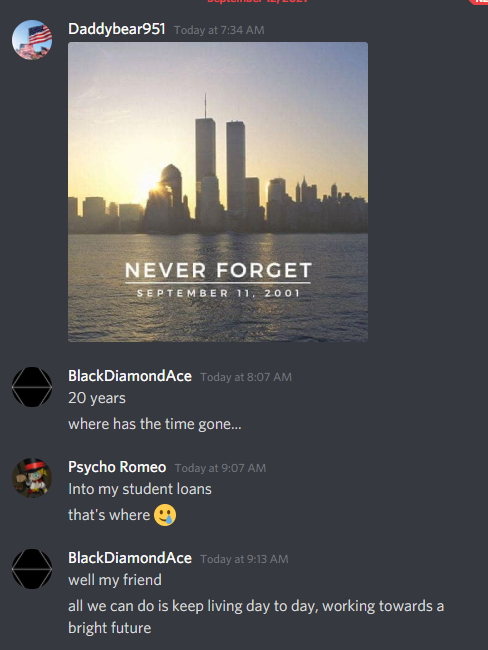 A screenshot showing "Daddybear951", a user with a US flag avatar, posting a "Never Forget, September 11, 2001" image with the twin towers - and discussion below not noting anything odd about this.