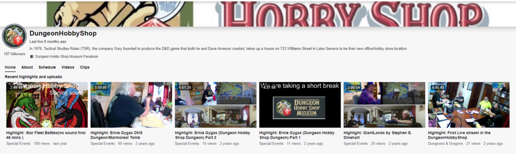A screenshot of the video list from the Dungeon Hobby Shop Twitch channel that shows 5 out of 6 of their videos are 2 years old, most have under 30 views.
