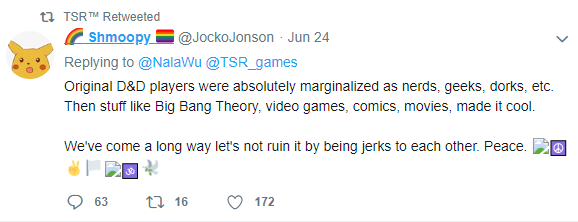 A screenshot of Shmoopy (@JackoJonson) (24 June 2021):
"Original D&D palyers were absolutely marginalized as nerds, geeks, dorks, etc. Then stuff like Big Bang Theory, video games, comics, movies, made it cool.

We've come a long way let's not ruin it by being jerks to each other. Peace. (string of emojis)"