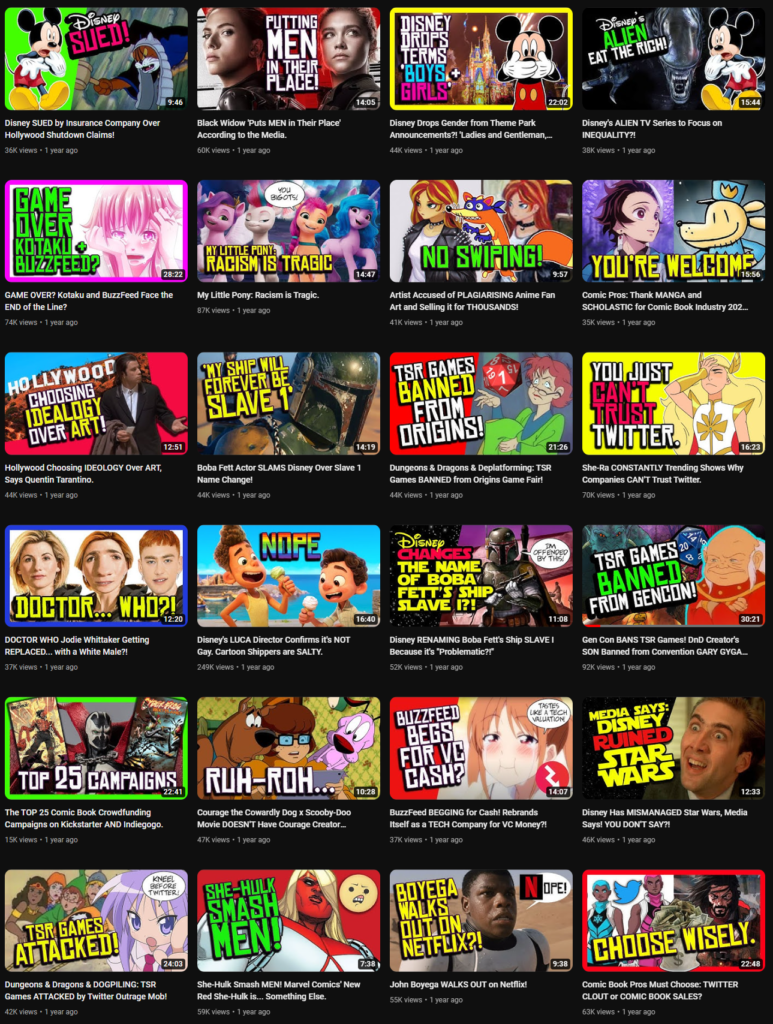 A screenshot of 4 x 6 thumbnails from ClownfishTV - all of them seem to be about "Culture Wars" nonsense with topics like "Black Widow Puts MEN in their place", "Disney drops Gender from Theme Park Annoucnements" "My Little Pony: Racism is Tragic" "My ship will forever be Slave 1"
