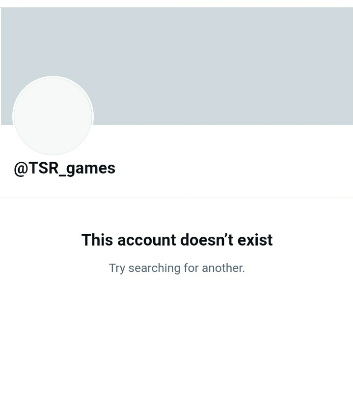 A screenshot of @TSR_games showing "This account doesn't exist"
