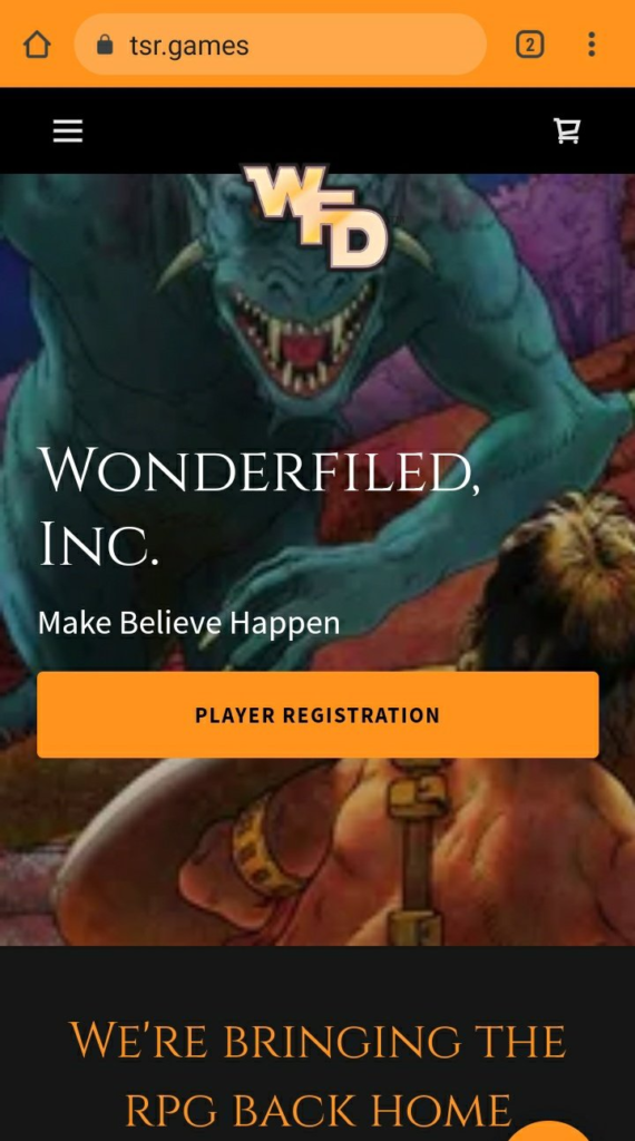 A mobile screenshot of tsr.games with the WFD logo and "Wonderfiled Inc." as the company name.