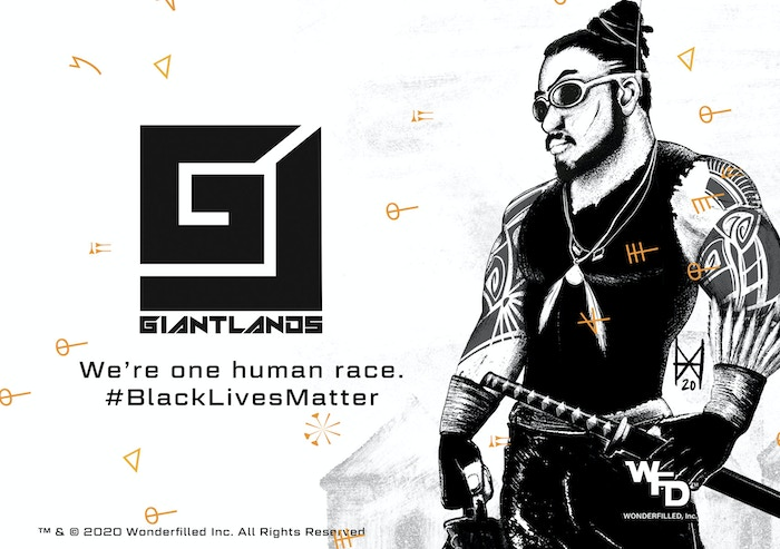 A graphic which features the GiantLands "G" logo with "We're one human race. #BlackLivesMatter" with a heavily tattooed afro samurai with copyright notice for 2020 Wonderfilled Inc