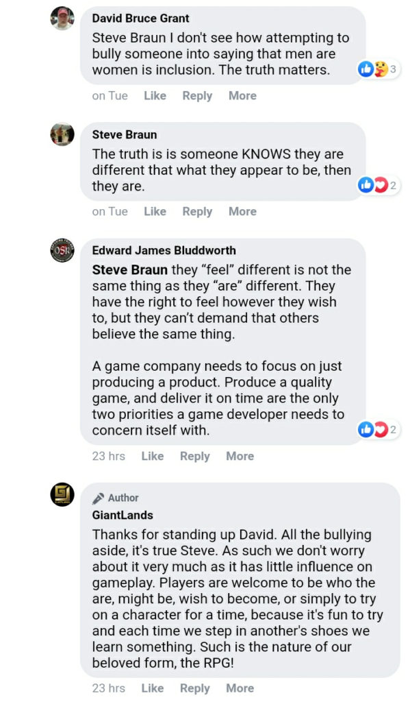 A screenshot of Facebook comments on GiantLands. David Bruce Grant "I don't see how attempt to bully someone into saying that men are women is inclusion. The truth matters." and a response from GiantLands of "Thanks for standing up David."