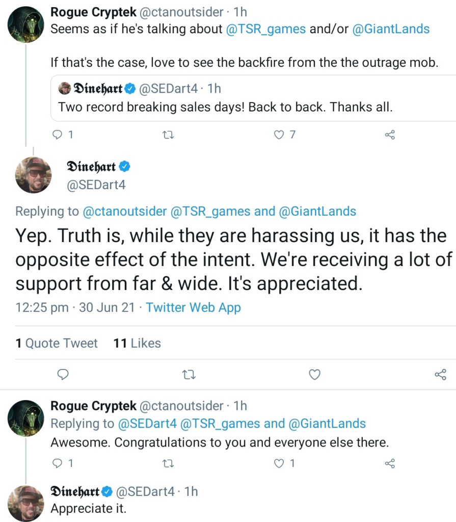 A screenshot of a series of tweets from 30 June 2021 between Dinehart (@SEDart4) and Rogue Cryptek (@ctanoutsider) where the latter is overjoyed that Dinehart is reporting that the backlash as created a boost in sales.