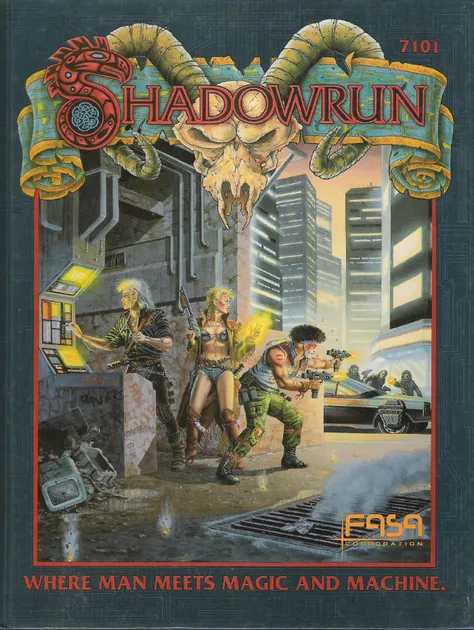 The original cover for Shadowrun, showing sci-fi city elves using magic while they rob an ATM and has the tagline "Where man meets magic and machine"