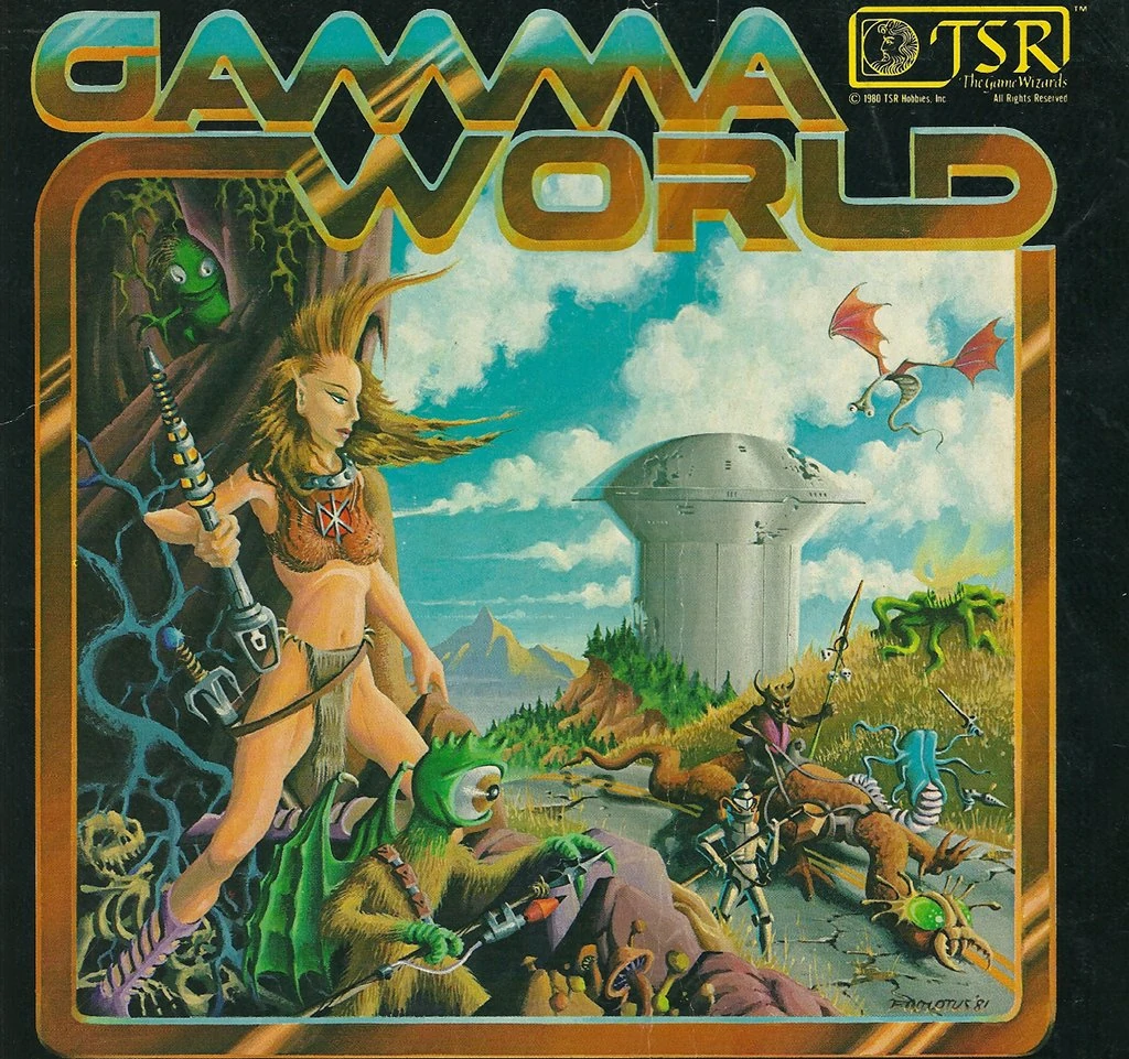 The original cover of Gamma World, with the TSR Games Wizards logo, showing a woman in a fur bikini with a sword next to a green cyclops goblin thing with a sci-fi spear, and various other mixes of monsters and sci-fi.