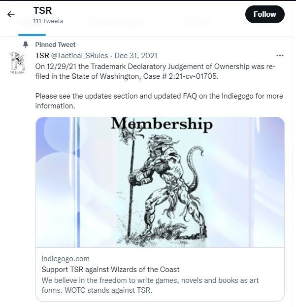 A screenshot of the pinned tweet, which links to the IndieGoGo and has caption text: "On 12/29/21 the Trademark Declaratory Judgement of Ownership was re-filed in the State of Washington, Case # 2:21-cv-01705.

Please see the updates section and updated FAQ and the Indiegogo for more information."