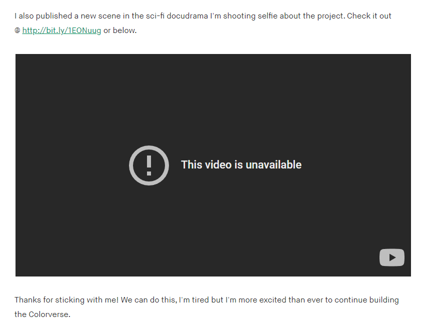 A screenshot from the Pinky Elephant Kickstarter, an update where there is clearly a removed YouTube embedded into the post.
