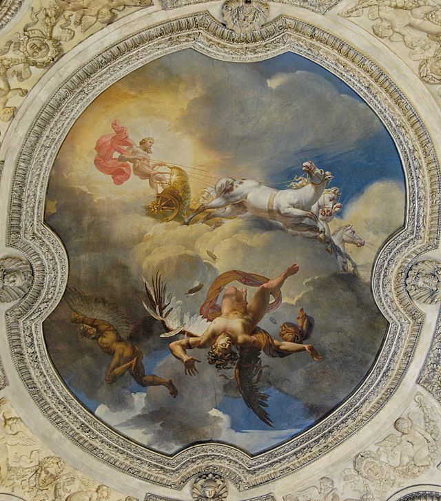 A classical painting of Icarus falling as Apollo rides his chariot above, Daedalus watches helplessly over his shoulder. 