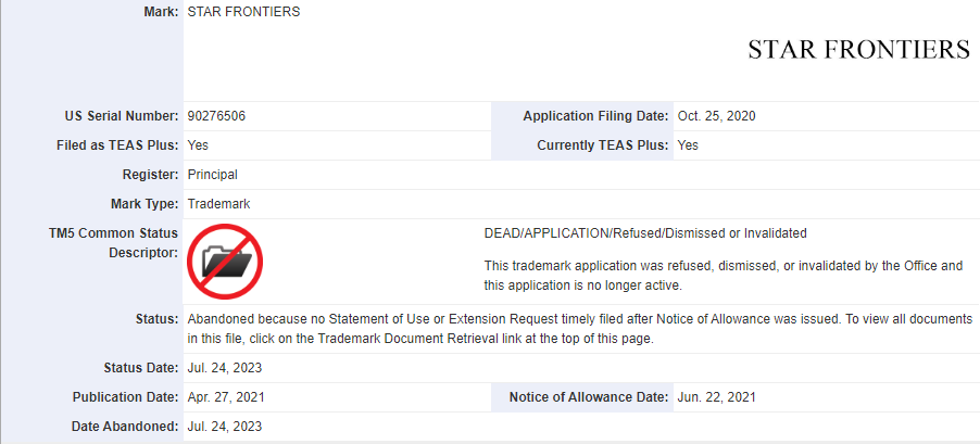 A screenshot of the Trademark listing, showing the Start Frontiers registered in October 2020 was abandoned in July 2023.