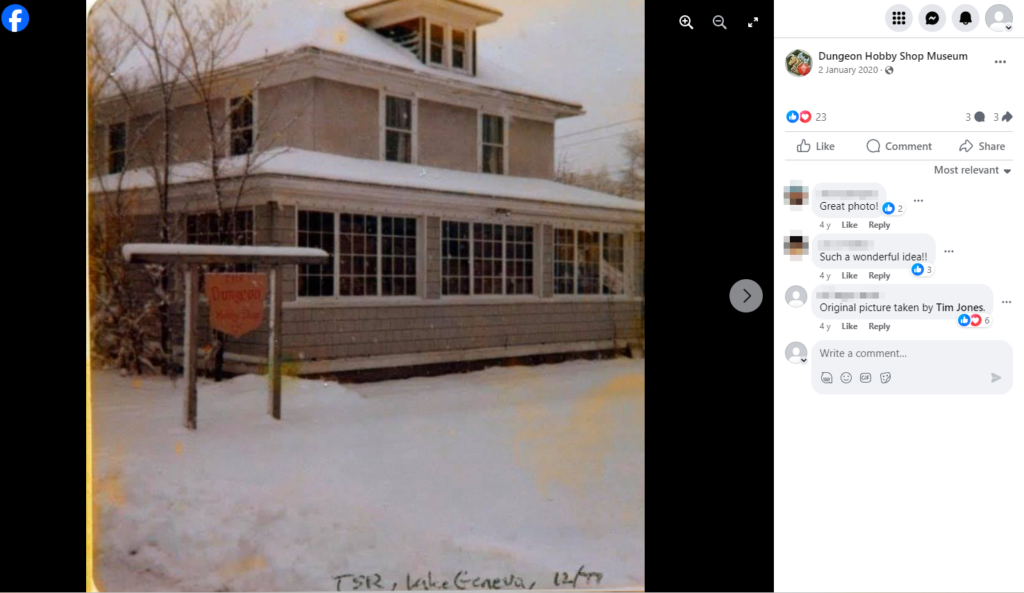 A screenshot of the Dungeon Hobby Shop Museum photo posted on Facebook, an old photo of the building back in the day, covered in snow with the original sign out the front. A commentor advises the photo was taken by Tim Jones.