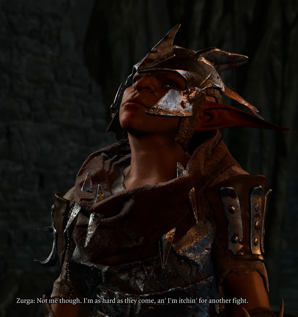 A screenshot from dialog with Zurga, a goblin who assures you she is "hard as they come" and has armor that consists of a mix of leather and jagged chunks of steel, including a helmet with decorative fins/spikes. The other armor include metals spike.