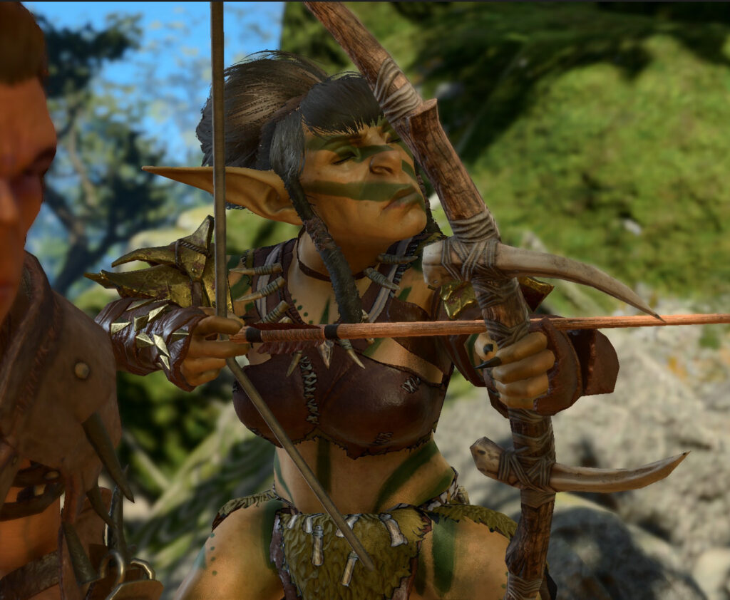 A screencap from a cutscene in BG3 which features a goblin with sizeable breasts, in a carefully sculpted and decorated leather bra - complete with separate sculpted cups for each breast.
