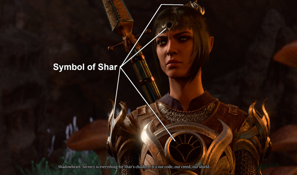 A capture from a dialog section where Shadowheart states "Secrecy is everything for Shar's children. It's our code, our creed, our shield." I've highlighted that she wears Symbols of Shar on her shoulders, forehead, chest, and the decorative hair clip she wears on the back.