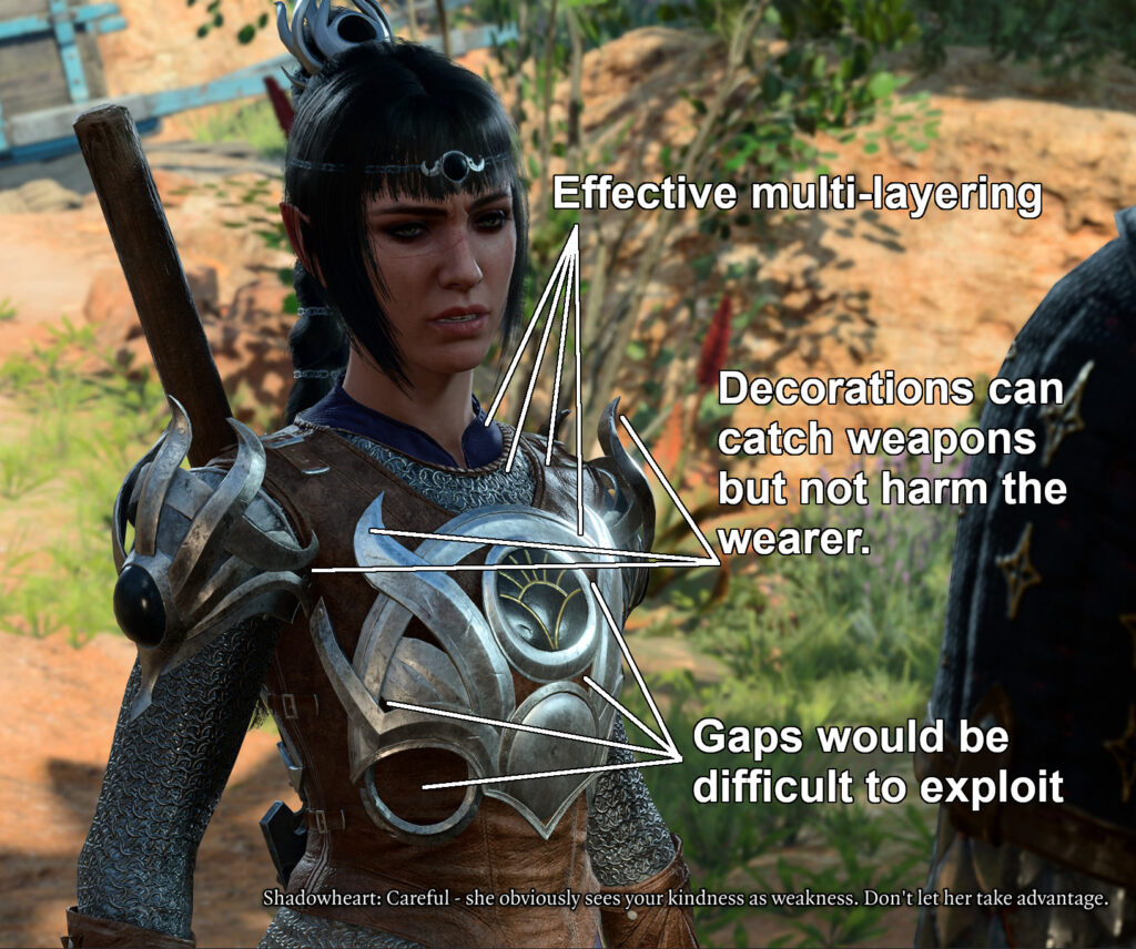 A capture of Shadowheart from a conversation, with statements and pointers on the virtues of her armour: "Effective multi-layering" "Decorations can catch weapons but not harm the wearer." "Gaps would be difficult to exploit".