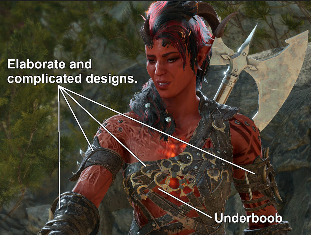 A screencap of Karlach where I've highlighted that her swimsuit style leathers have both "elaborate and complicated designs" and "underboob" via the many windows made by the straps and piecework.