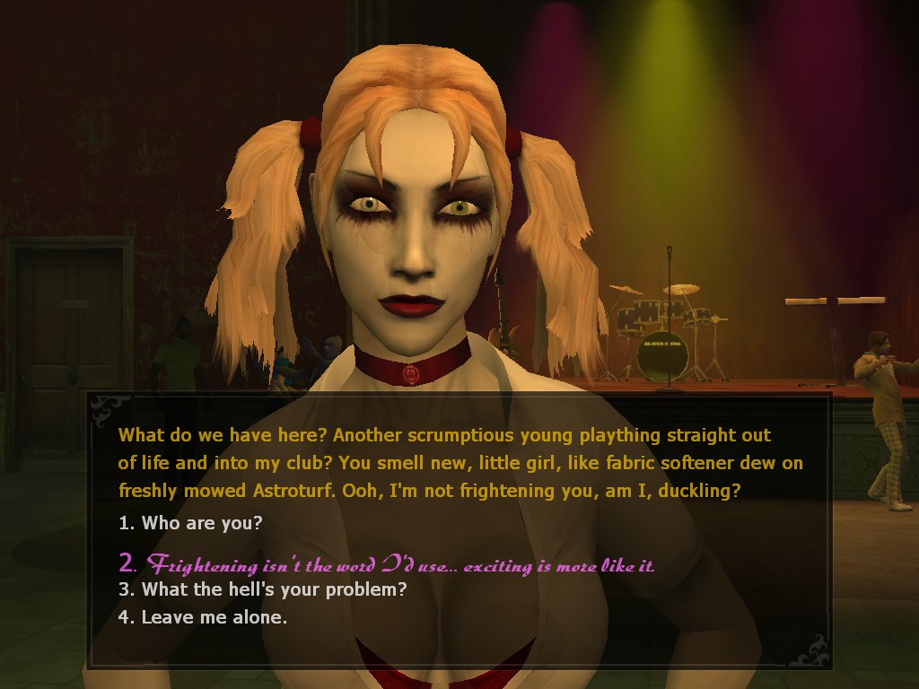 A screenshot of Jeanette, a vampire in a sexy schoolgirl fetish outfit, when you meet her in her nightclub, the dialog is the standard greeting she gives with the quirky lines "You smell new, little girl, like fabric softener dew on freshly mowed Astroturf." and the seduction response is available.