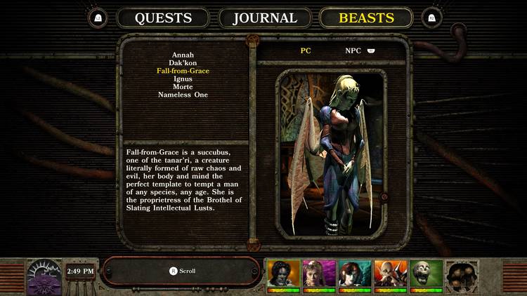 The screenshot of Fall-from-Grace's profile in Planescape: Torment which says how she is a succubus so was made as the perfect instrument for temptation, and instead she runs the Brothel of Slaking Intellectual Lusts.