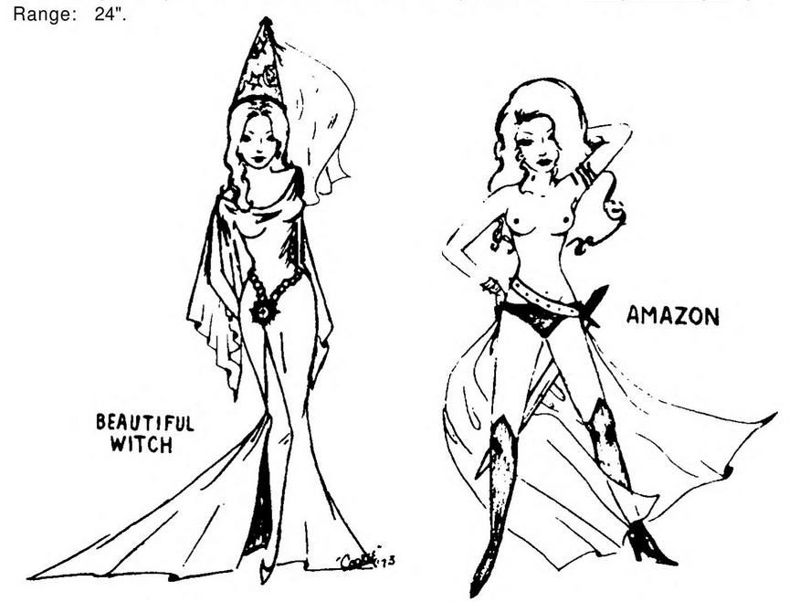 The Beautiful Witch and Amazon illustration from Men and Magic, in which the Amazon is topless.