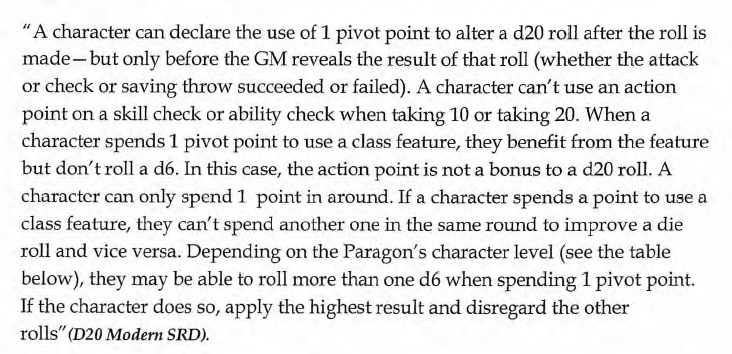 Sample from the publication which advises on rules for "pivot points" which are basically advantage with different rules and more options, and at the end cites it is quoted from "D20 Modern SRD".