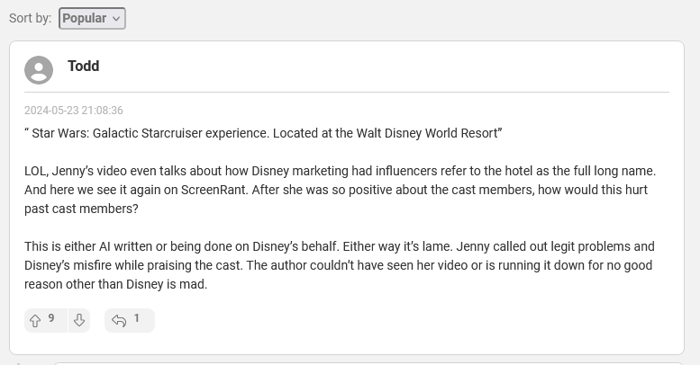 A screenshot of the most popular comment on the article. In it Todd uses three short paragraphs to state that the use of "Star Wars: Galactic Starcruiser experience. Located at the Walt Disney World Resort." convinced him absolutely that the piece was written either by Disney or AI, and so was not an authentic statement by a former employee.