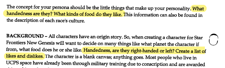 A screencap showing that the guide suggests you think about "What handedness are they? What kinds of food do they like." and this idea is repeated literally in the next paragraph.