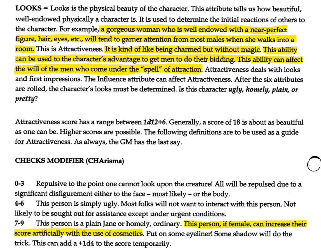 A sample of a page with highlighting that starts explaining beauty as "a gorgeous woman who is well endowed with a near-perfect figure, hair eyes, etc" and goes on about how they can control men via a "spell" of attraction.  Then later it proposes that homely women can buff their beauty with makeup.