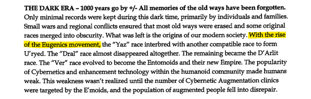 Screenshot showing in the middle of a paragraph of history lore states "With the rise of the Eugenics movement,"