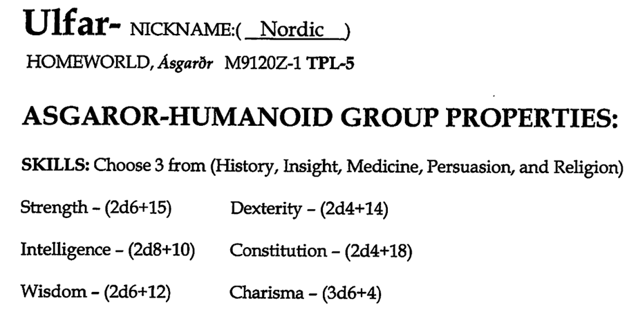 A screenshot showing that the "lowest" modifier for Nords is +4 and most of them are more than +10 - creating high likelihoods of greater than 20 in a 3 - 18 system.