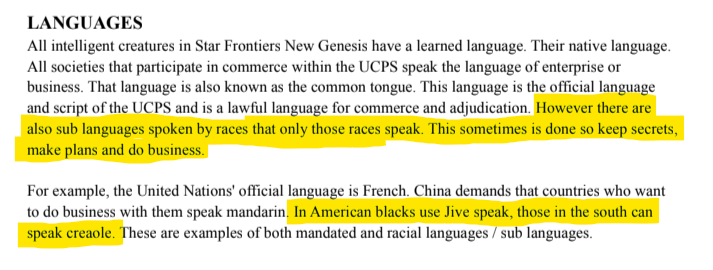 A screenshot showing that the additional lines in the "leaked" version include a weird claim there are "sub languages spoken by races that only those races speak. This is sometimes is done so keep secrets, make plans and do business" and the additional example is "In Americans blacks use Jive speak, those in the south can speak creaole".
