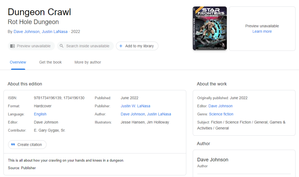 A screenshot showing the entry in Google Books still has most of the details, but has been updated to "Dungeon Crawl", subtitle "Rot Hole Dungeon" and the description is "It's all about how your crawling on your hands and knees in a dungeon."