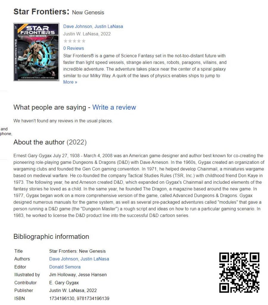 A screenshot of the old entry from Google Books, which seems to have the blurb etc from promotion but notably includes Jim Holloway and E. Gary Gygax as creators, with the "About the author" section being entirely about Gary Gygax.