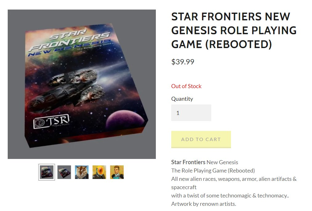 A screenshot of the listing on the Dungeon Hobby Shop Museum web shop which shows "Star Frontiers New Genesis Role Playing Game (Rebooted)" as Out of Stock with a mock up box on a neutral gray background you find in Blender.
