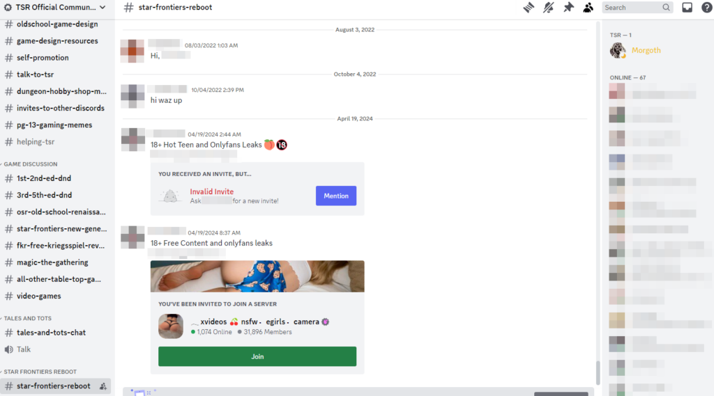 A screenshot showing the official TSR Discord, both that it had a channel "#star-frontiers-reboot" and has long unaddressed smut spam in it.
