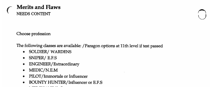 A sample showing that there is a header "Merits and Flaws" with "NEEDS CONTENT" and then instructions to "Choose profession"