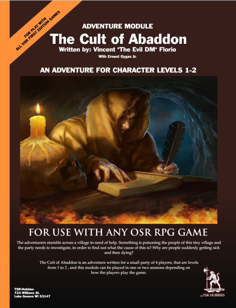 The front cover for The Cult of Abaddon, including all the general markup to try to make it look like a classic module and the TSR LLC trademark... well the Diesel artwork they started using in lieu of the Justin LaNasa artwork.
