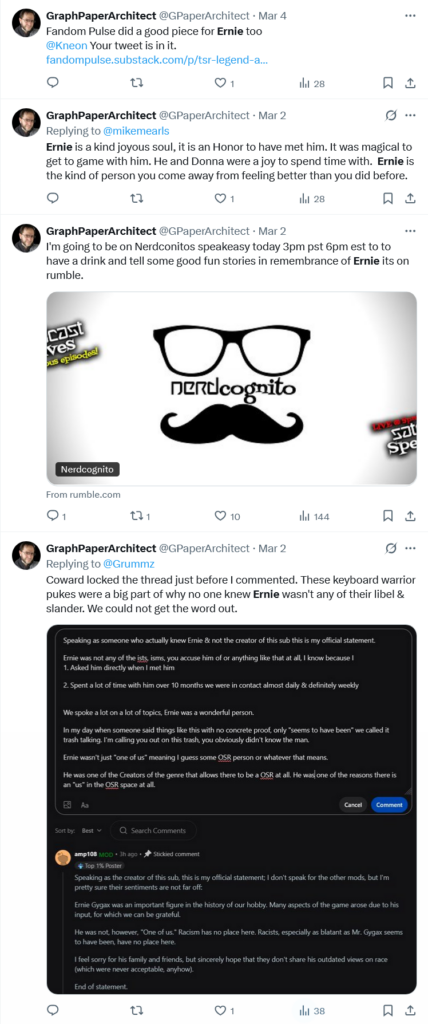 Michael's tweets that mentioned "Ernie" from March 2 to March 4. Posting to let Kneon know he got featured in a Substack post about Ernie, another copy-paste to Mike Mearls, an announcement he'd be on Nerdcognito (on Rumble) to talk about Ernie, and a post to Grummz trying to get credit for typing up but not posting a response to the Reddit moderator.