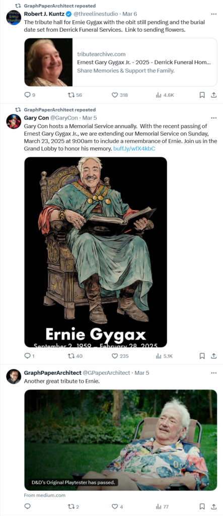 Michale's posts from March 6 - 5 which are reposting Robert J. Kuntz directing people to Ernie's tribute hall, Gary Con announcing they will extend their customary Memorial Service to include Ernie, and a Medium page about Ernie.