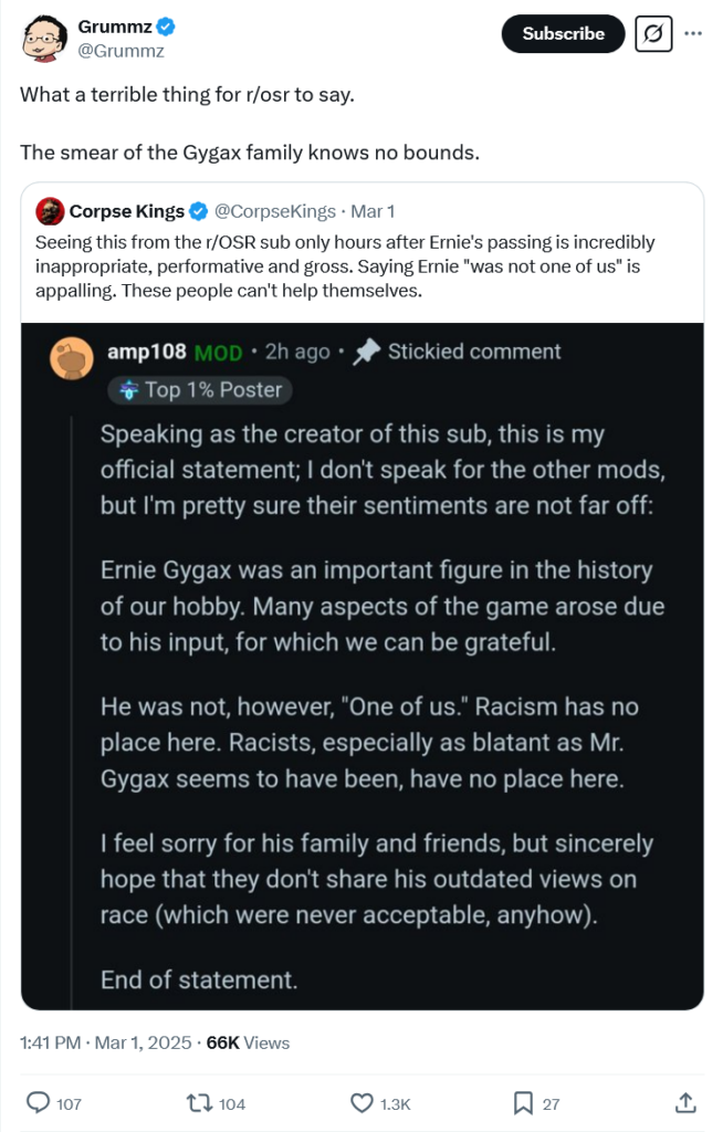A screenshot of Grummz quote tweeting "Corpse Kings" that makes a bunch of generic statements about Amp108's post being bad but can't point out any way it's factually wrong. Grummz comment: "What a terrible thing for r/osr to say. The smear of the Gygax family knows no bounds."