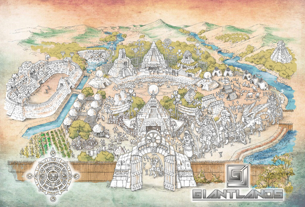 A drafts diagram of an Inca/Mayan/Aztech "theme park" which mostly seems to consister of huge, inexplicable sculptures and buildings - with farms and shrubbery, a river on one side and an aquaduct. Also, agraian animals wandering about.