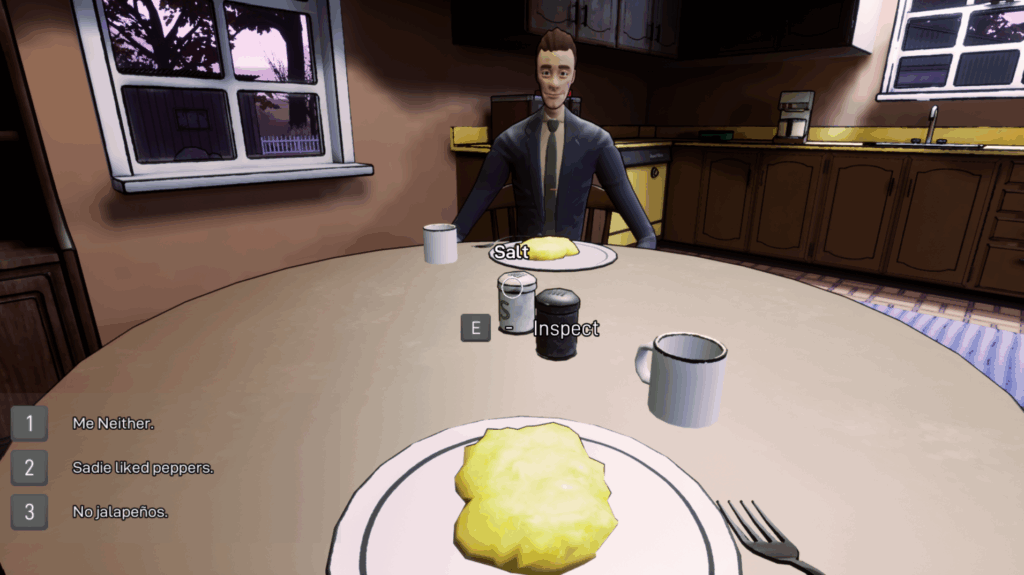 A screenshot of the game, with a breakfast scene in a spacious kitchen, he hitman in his suit sitting opposite the player - and dialog options, as well as the option to inspect the salt on the screen.