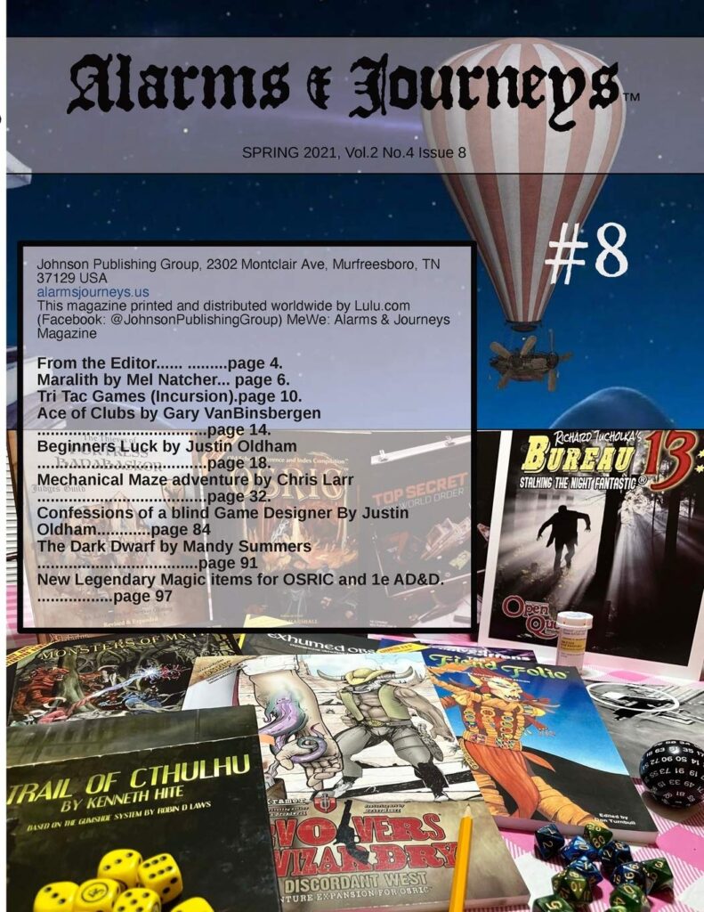 A cover from Alarms & Journeys #3, Spring 2021 - the cover is a graphic design nightmare with the table of contents being on the cover, with black text on 50% opacity white on complex imagery, making it difficult to read them and including Dave Johnson's home address on it for some reason.