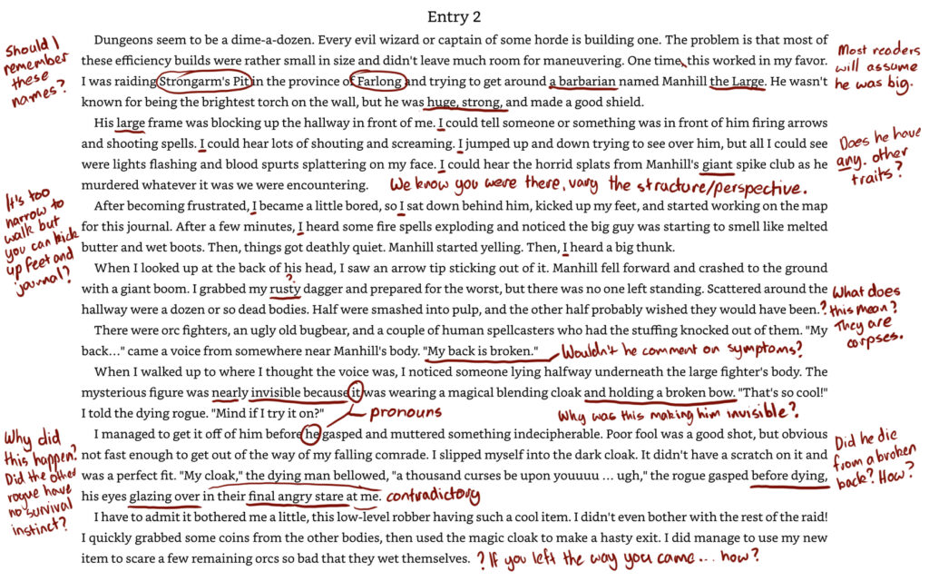 A page from the Amazon look inside, which is marked up with extensive red lining to show that it is poorly written, the story itself being nonsense with his Gary Stu rogue getting to a free cloak of invisibility because all better adventurers have no self-preservation instincts.
