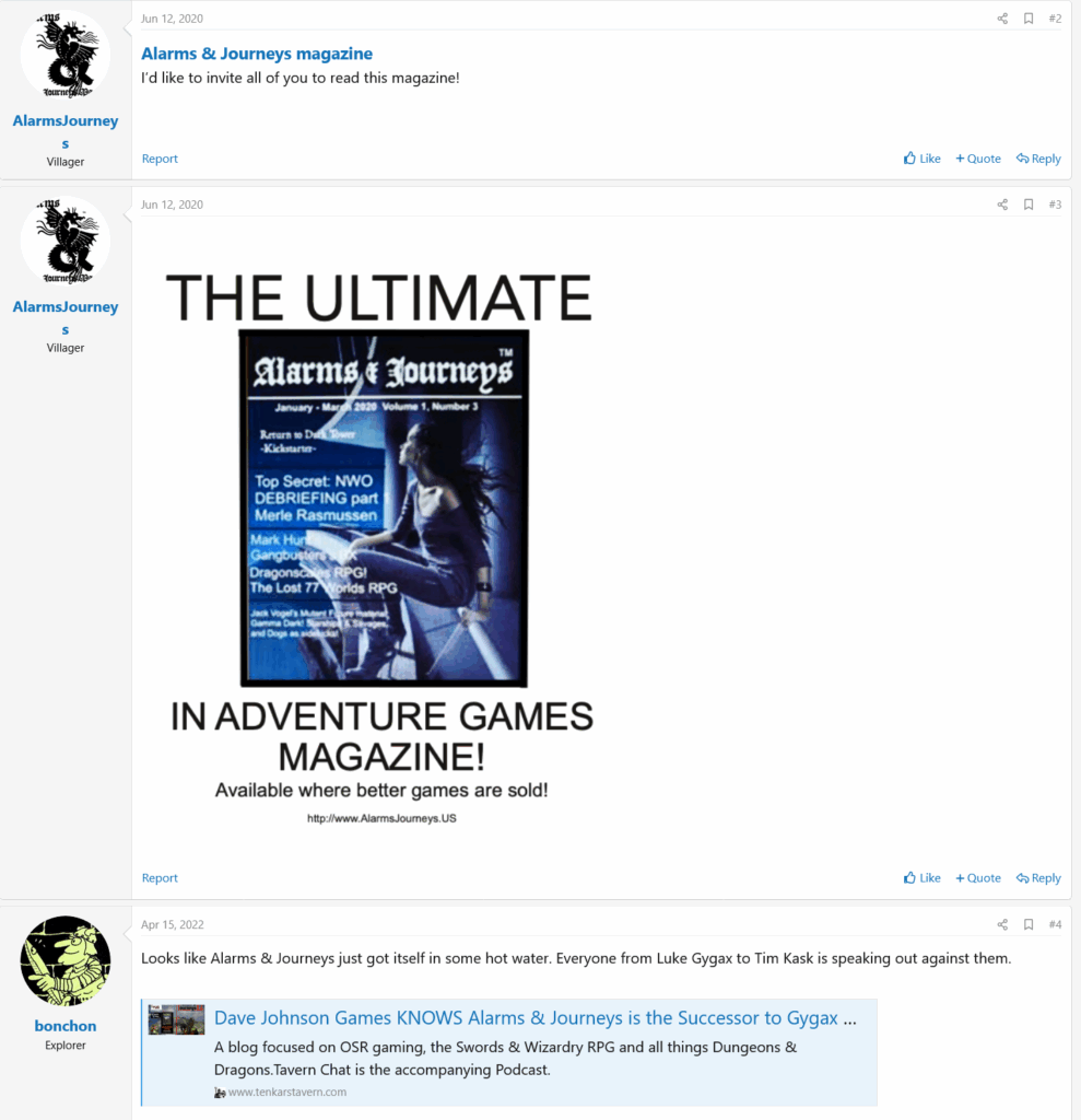 A screenshot from a thread in EN WOrld, where "AlarmsJourneys" announces it on 12 Jan 2020.  The first update is 15 April 2022 when user "bonchon" provides an update that it "got itself in hot water" and linking to Tenkar's Tavern.