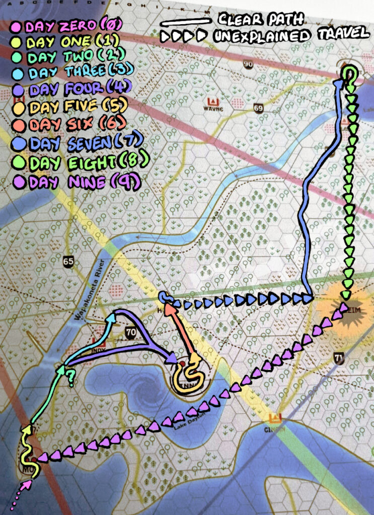 A comically marked up photo of the specific area of the map that shows that travel in the first six days is short, and easily explained. After Hopi it becomes wildly unexplained and massive distances are covered in a single day without incident.