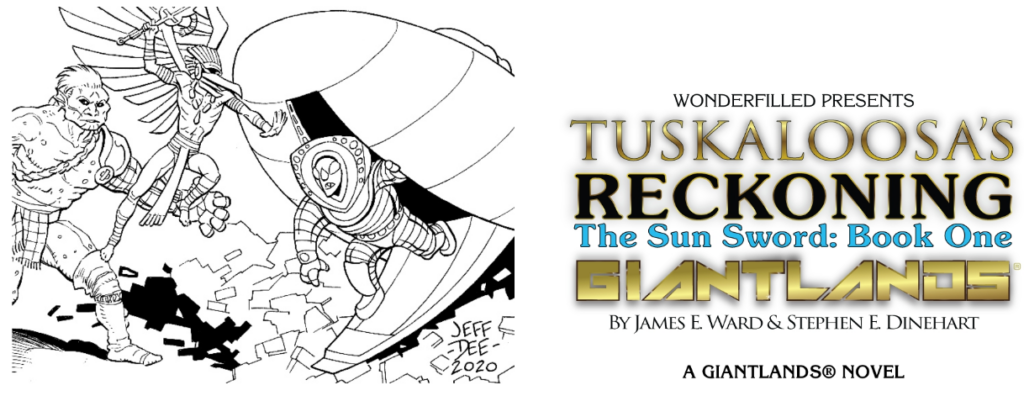 A screenshot showing Jeff Dee's drawing of an alien in a spacesuit stepping out of a space ship to be attacked by a brute with a robot arm and a person in Aztec inspired bird attire - next to the full title in all it's over designed glory.