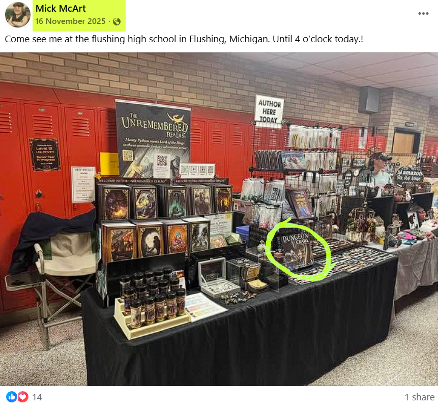 A screencap of Mick McArt's post on Facebook, 16 November 2025 - I have highlighted his name, the date and the presence of Dungeon Crawl on display in his stand in the photo.